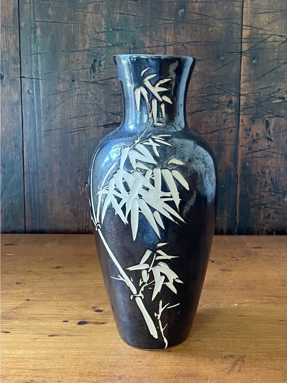 Vintage Mid Century Mod Black With Etched Bamboo Design Japanese Pottery Vase 9”